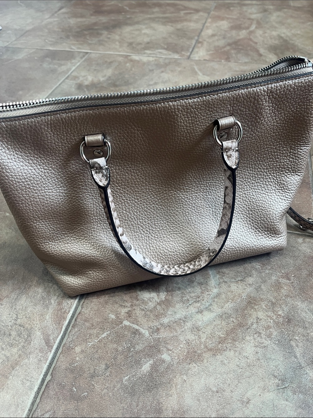 Coach Taupe Pebbled Leather Satchel with Snake-Print Trim - Picture 4 of 8